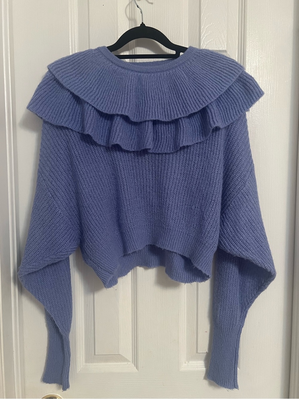 Zara Drop Bat Sleeve Ruffle Collar Cropped Crewneck Sweater